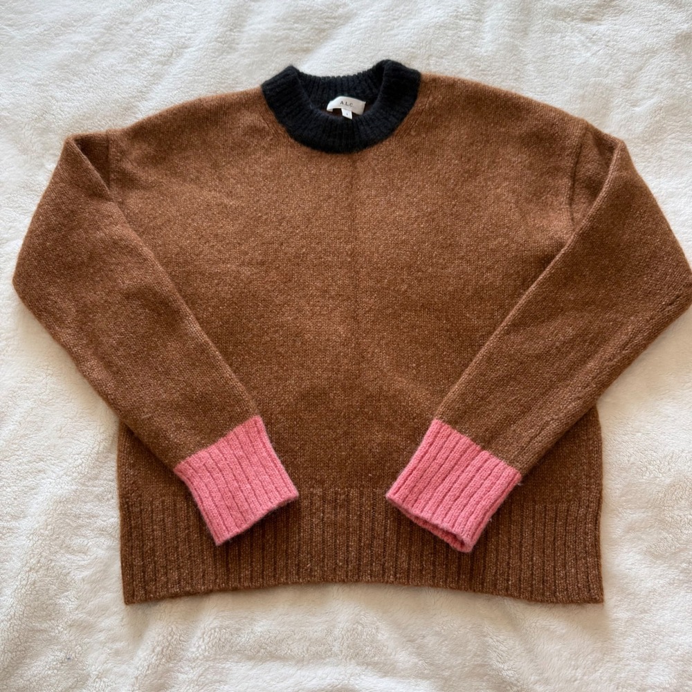 ALC Brown Alpaca Blend Colorblock Sweater Pink Cuffs Black Crew Neck size Small - Picture 2 of 9